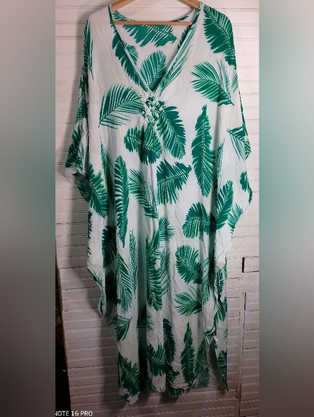 White Kaftan with Green Palm Print OS
